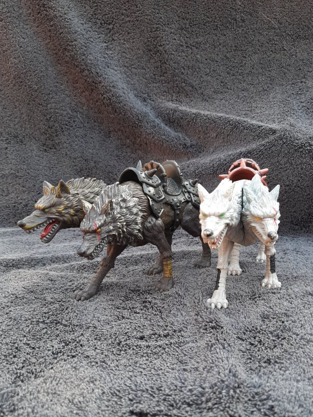 Chap Mei True Legends  2 Two Headed Orthrus Brown and White Wolves with Saddle